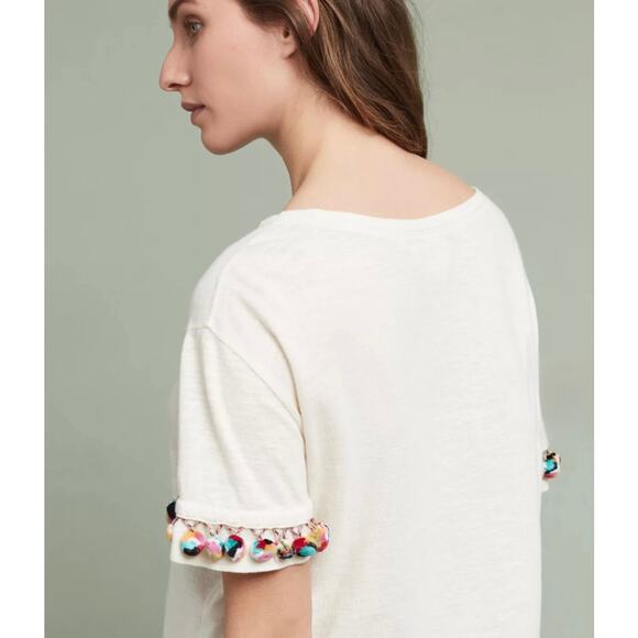 Anthropologie Lilka Pommed Tee Festival Cropped Top Shirt Coachella Boho Cream S - Picture 6 of 8